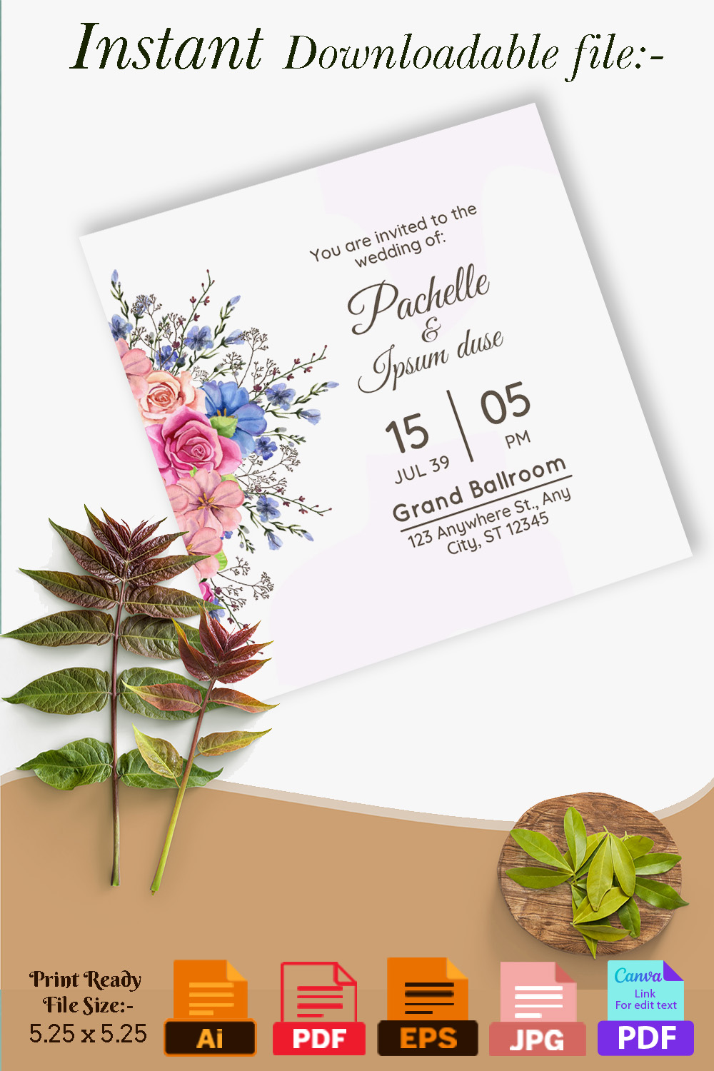 Pinterest image with Blue and Pink Floral Wedding Card Design.