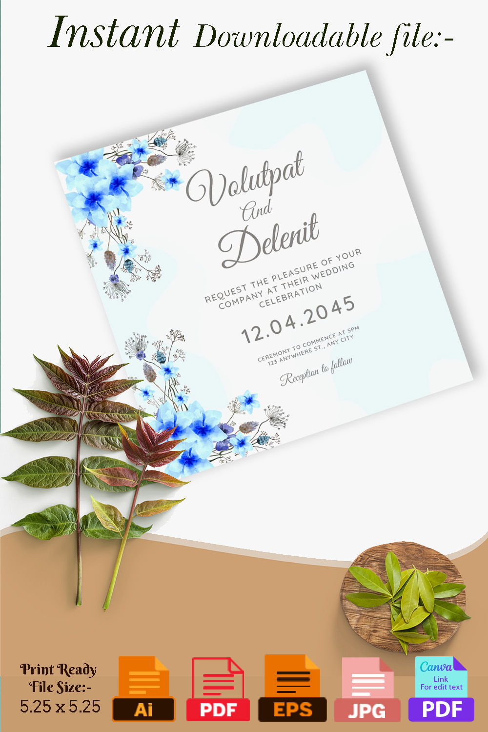 Pinterest image with Blue Floral Wedding Invitation Card Template.