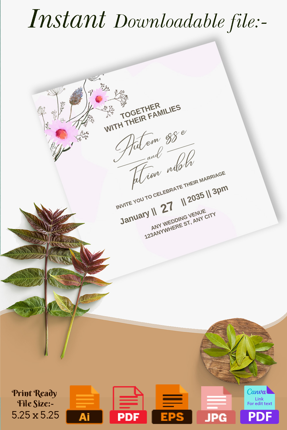 Image of gorgeous wedding invitation with watercolor flowers.