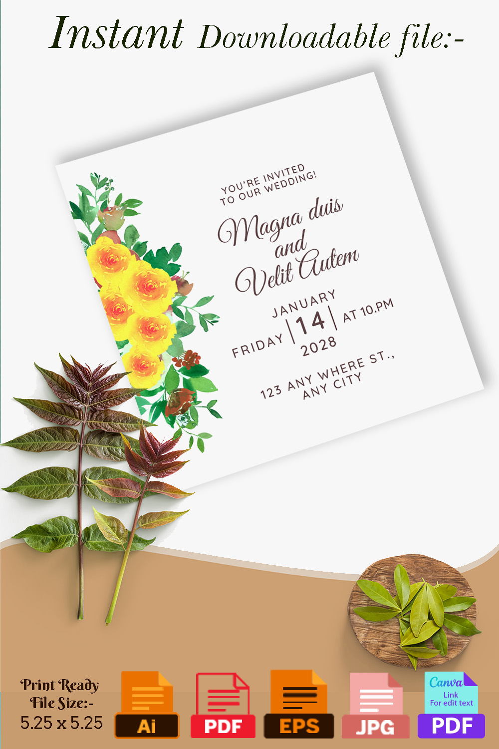 Pinterest preview with Wedding Card Frame with Yellow Floral.