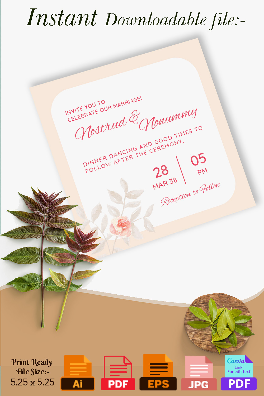 Image of enchanting wedding invitation with pink flowers.