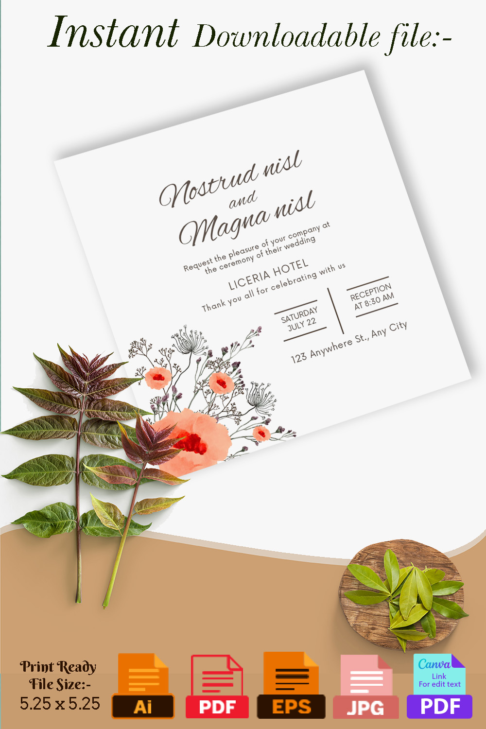 Pink Floral Wedding Card Vector Design Pinterest image.