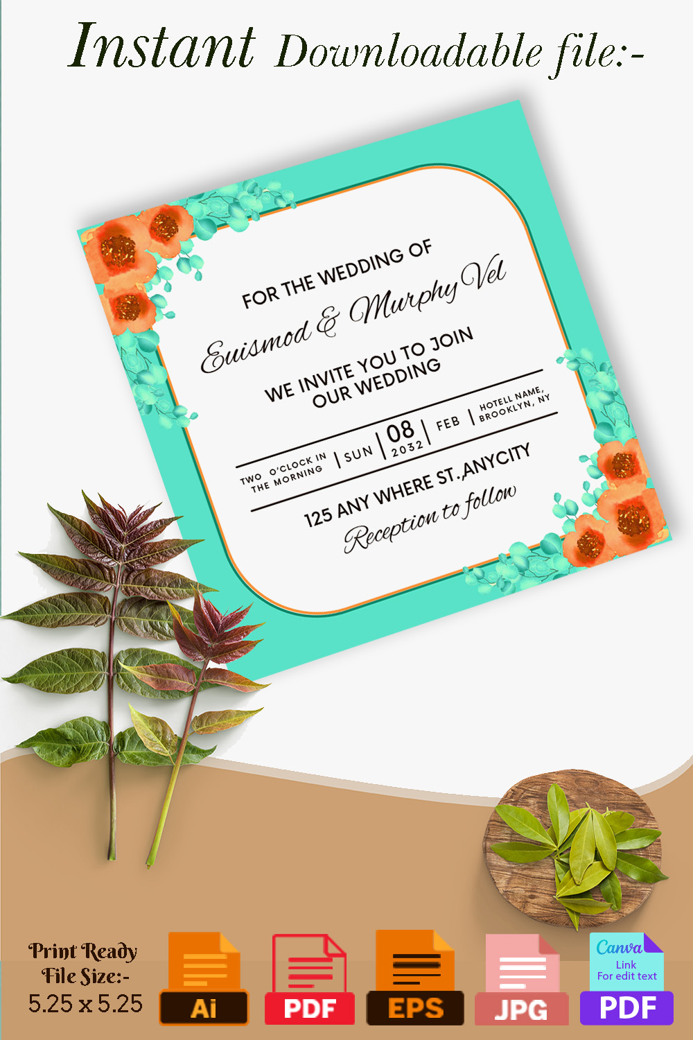 square wedding invitation card watercolour floral background p2 838