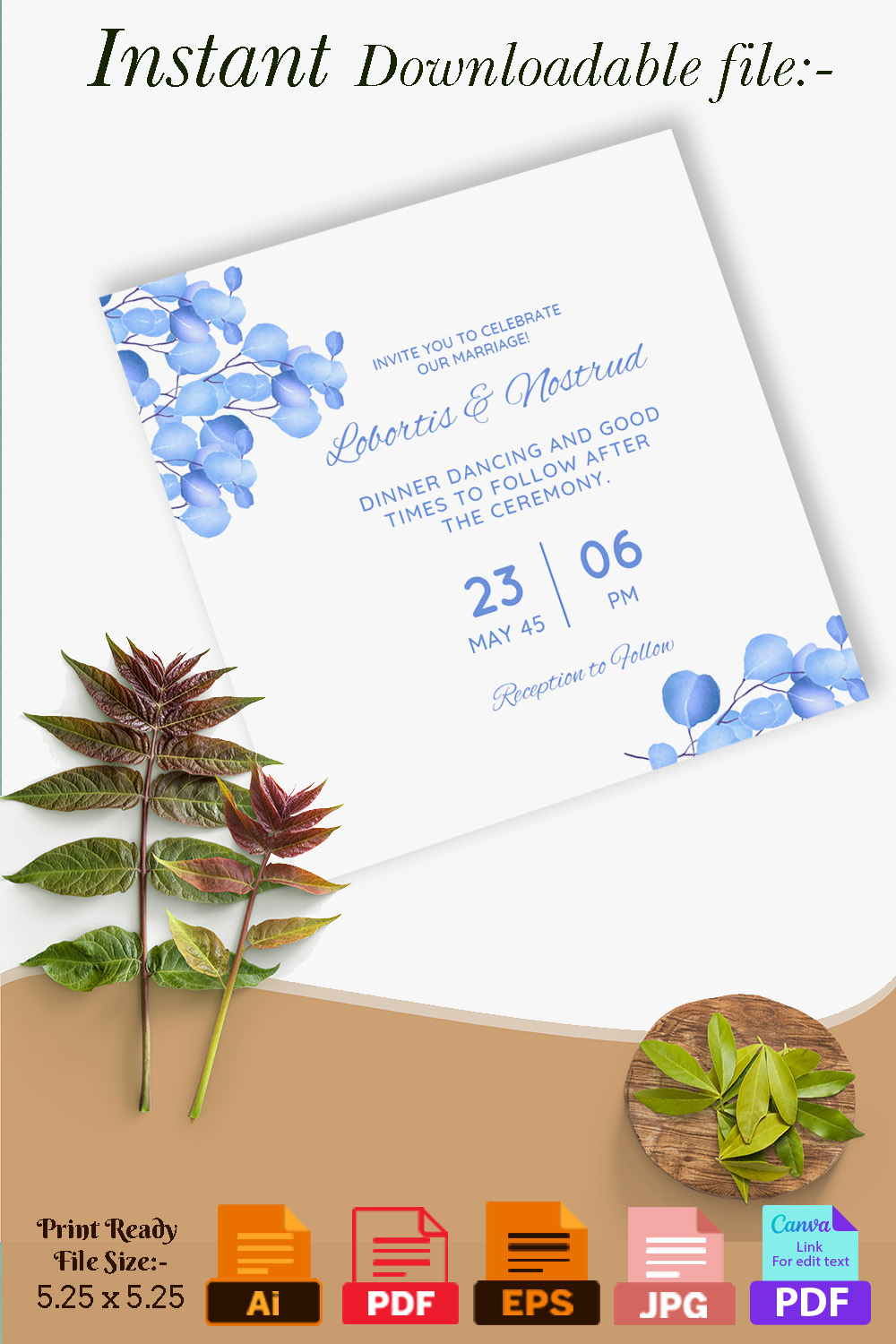 Blue Wedding Invitation Card Vector Pinterest image.