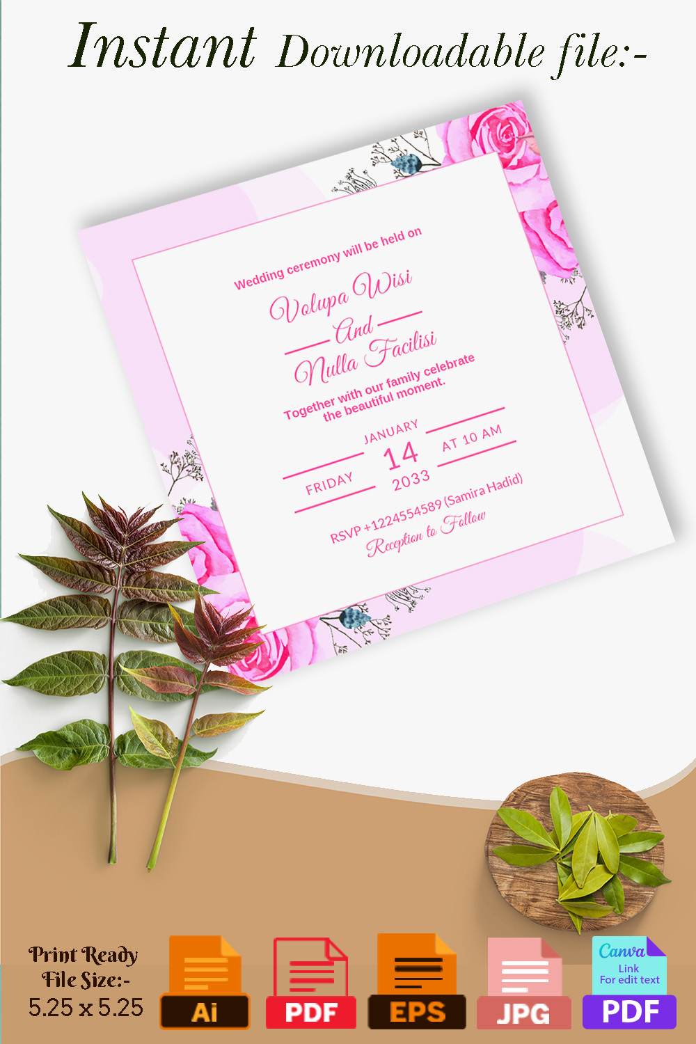 Wedding Ceremony Card with Pink Rose Florals Pinterest image.