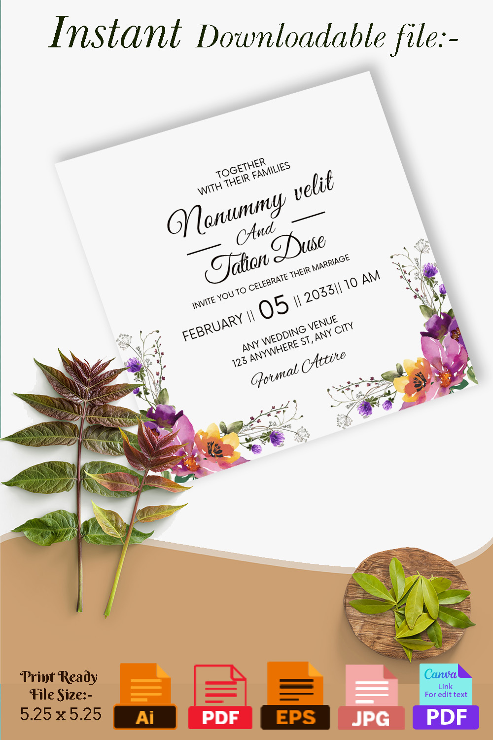 square wedding invitation card watercolour floral background p2 862