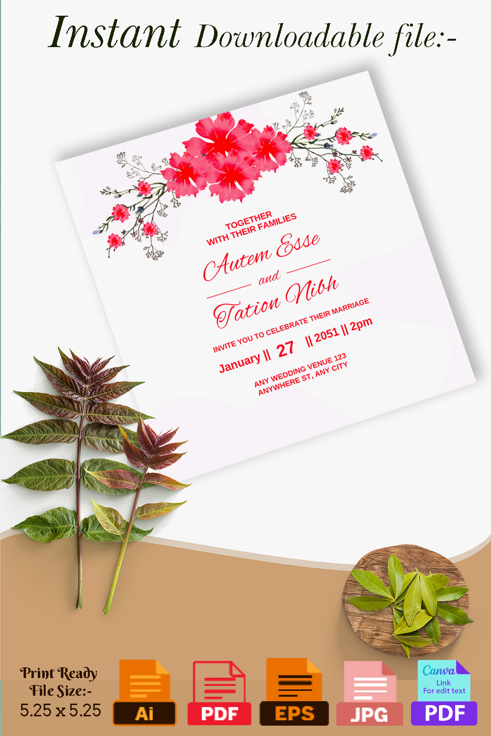 Image of colorful wedding invitation with hibiscus flowers.