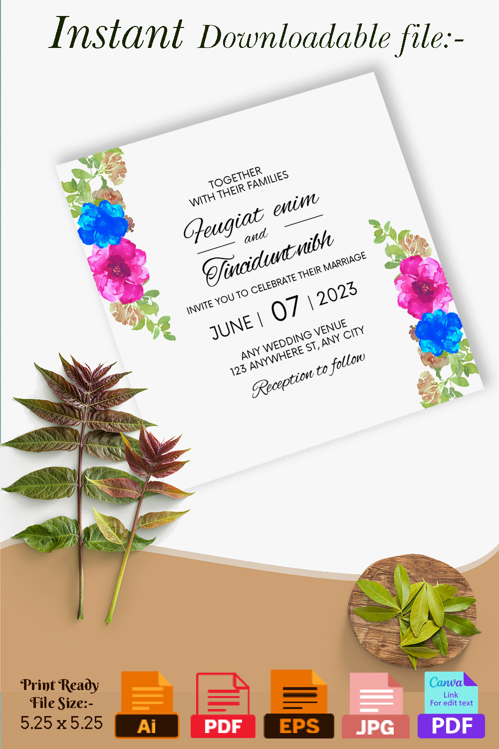 square wedding invitation card watercolour floral background p2 990