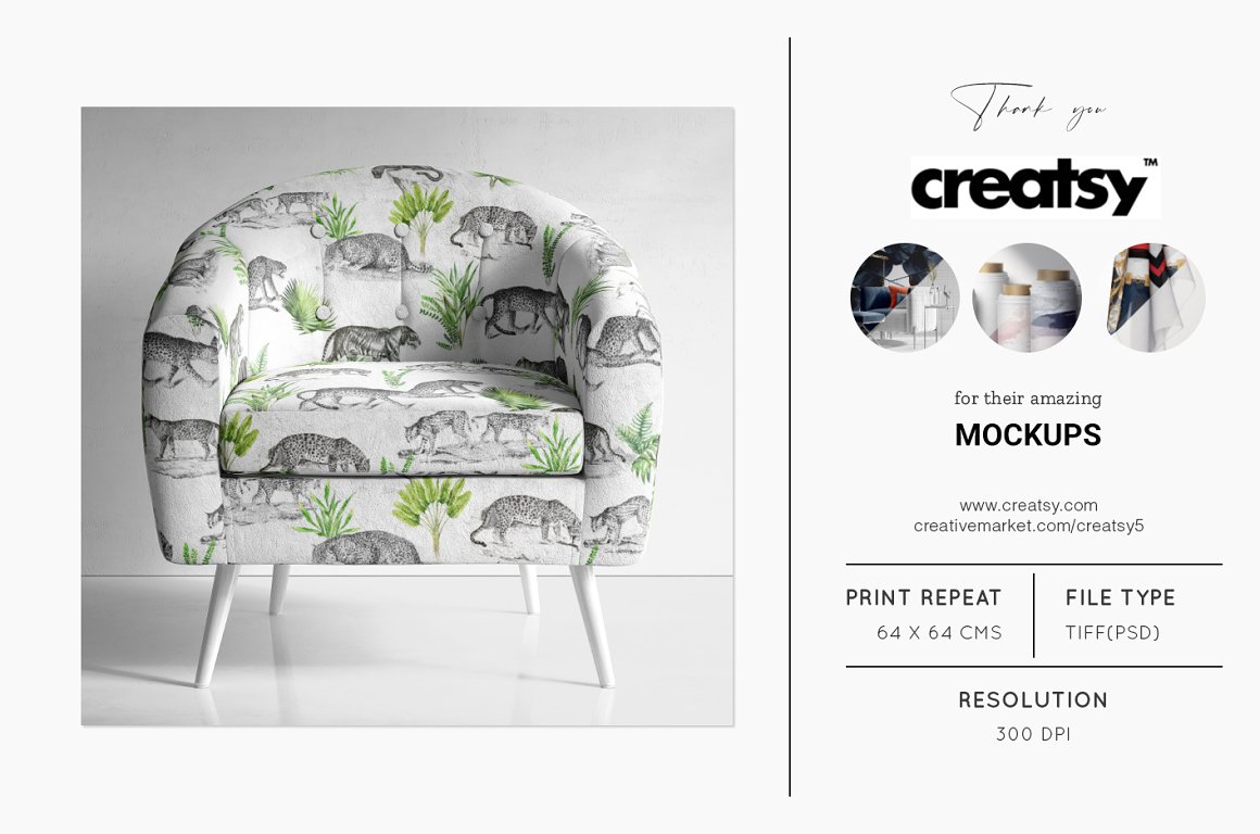 White chair with patterns of animals and plants on a gray background.