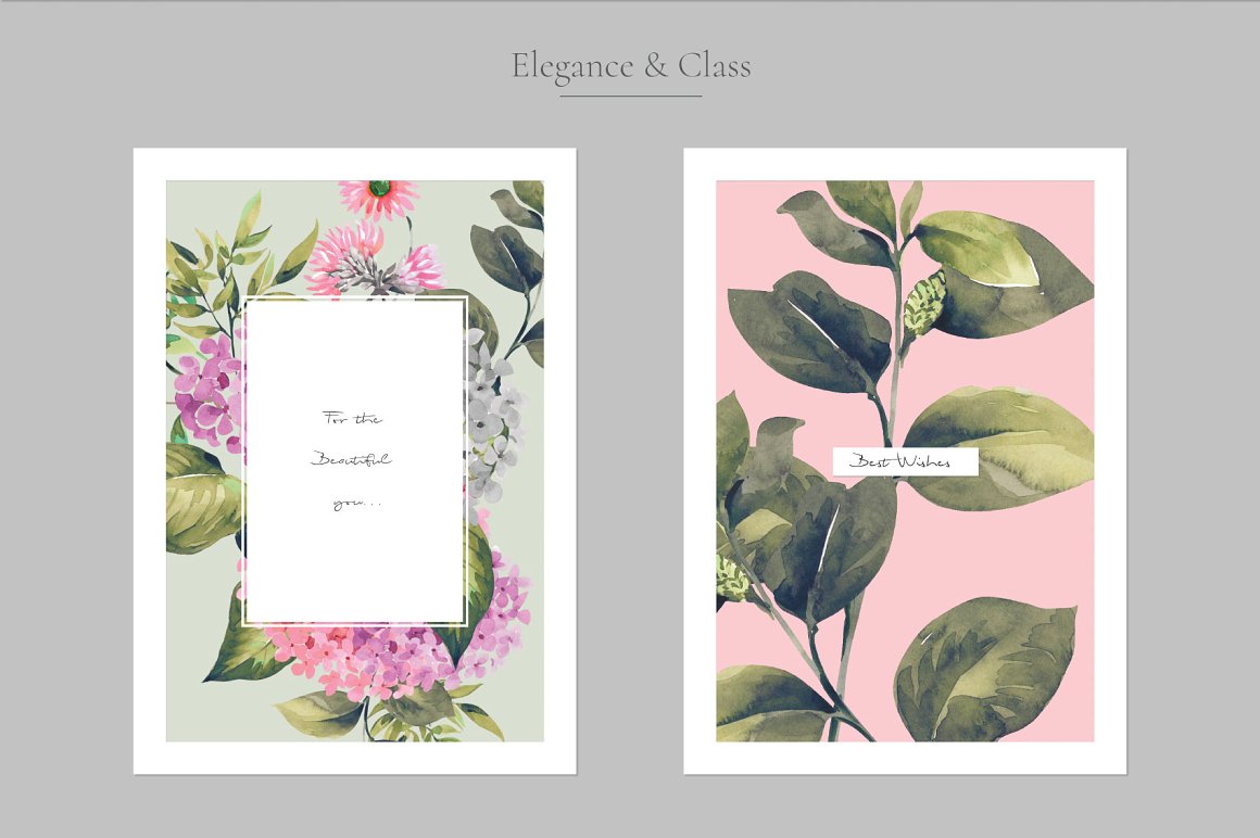 2 picture of tropical flowers and leaves in white frame on a gray background.