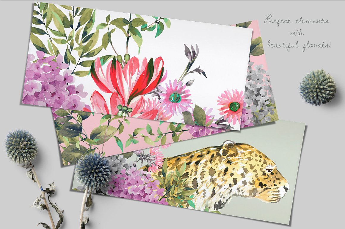 3 beautiful cards with pattern of floral elements and leopard on a gray background.