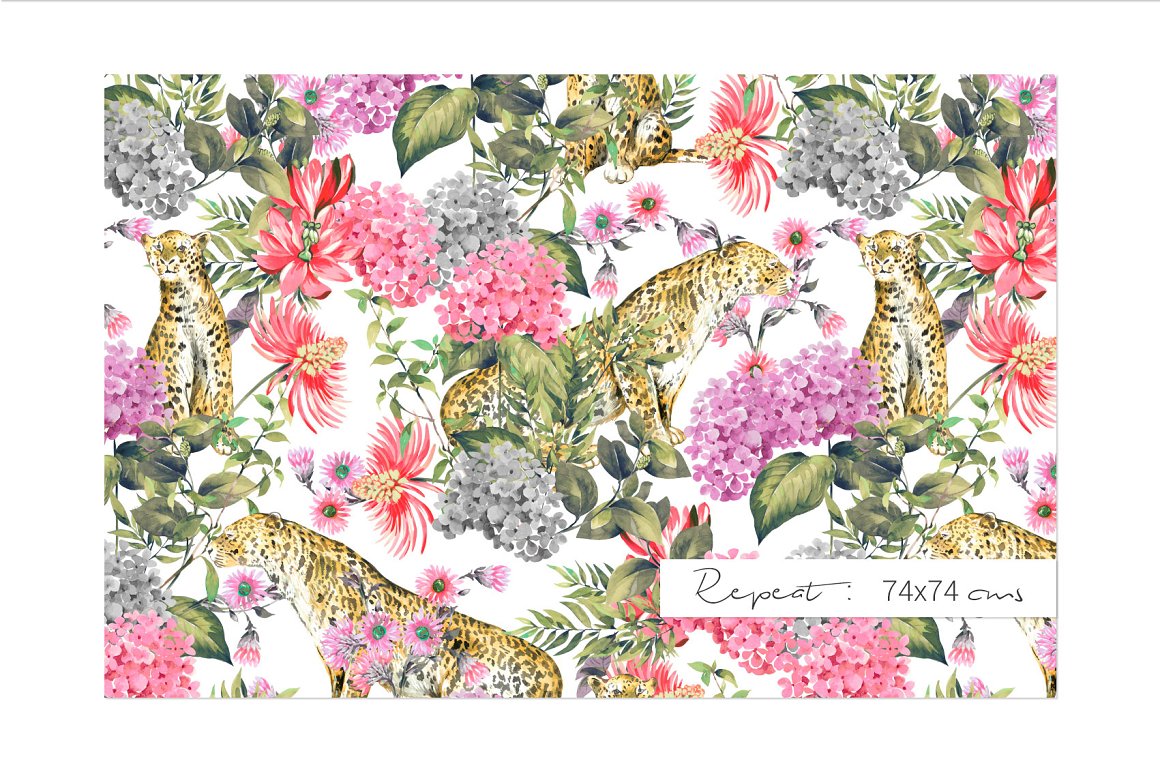 Watercolor illustration of a floral elements and leopards on a white background.