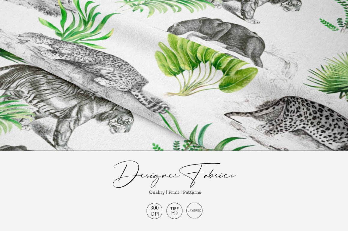 Designer fabrics with patterns of animals and plants on a gray background.
