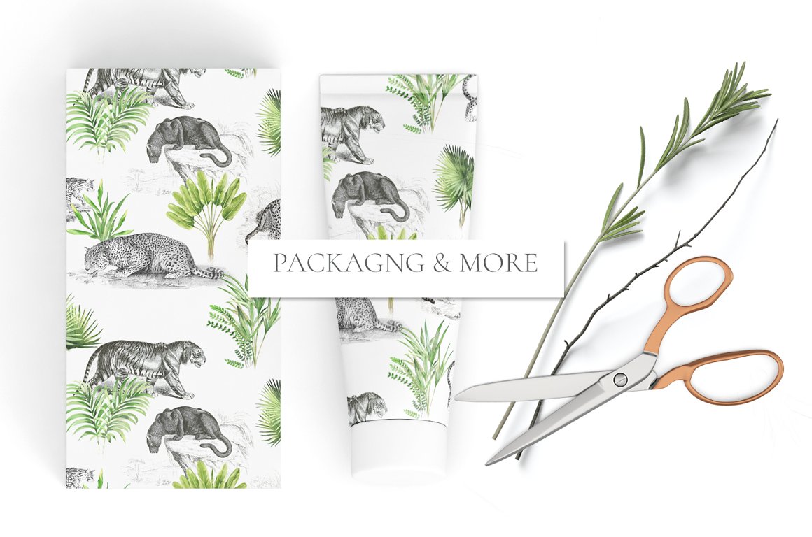 Different packaging with patterns of animals and plants on a white background.
