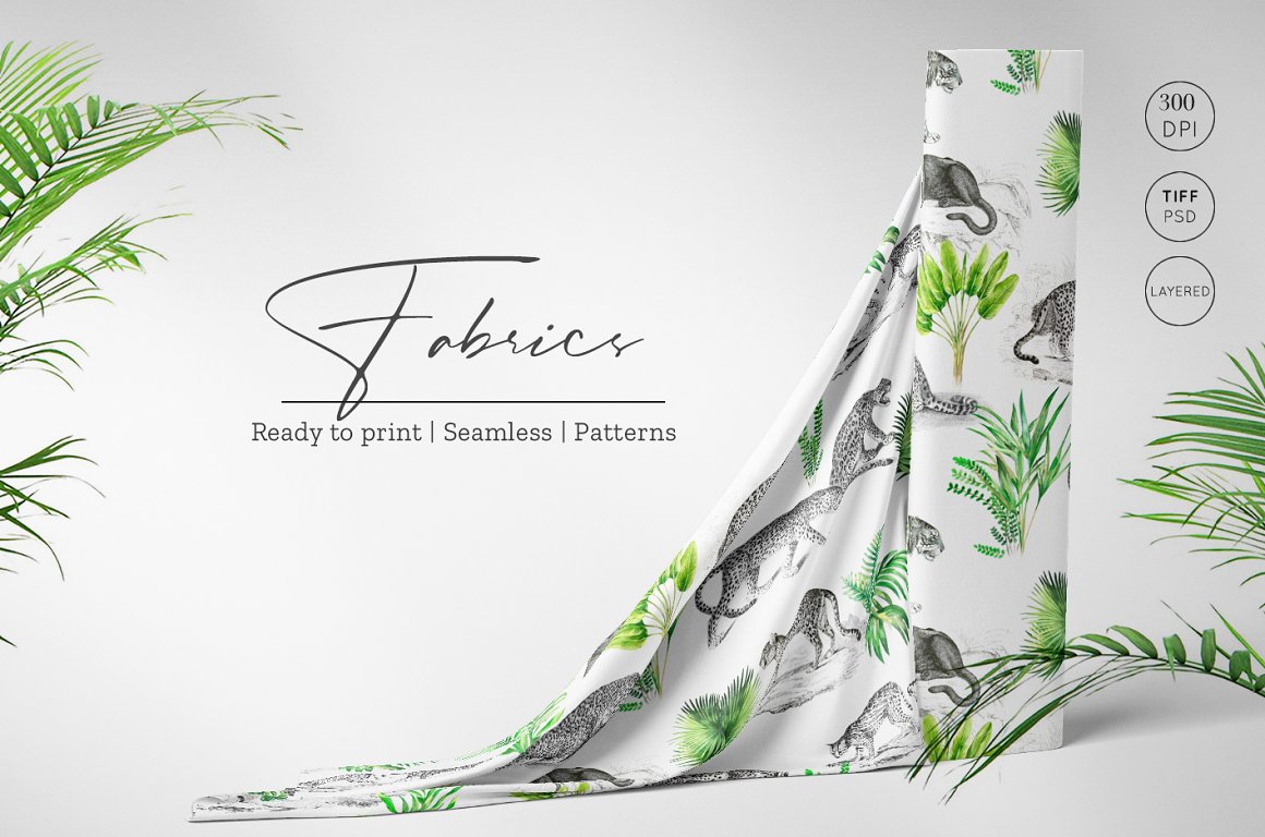 Fabrics with seamless patterns of animals and plants on a gray background.
