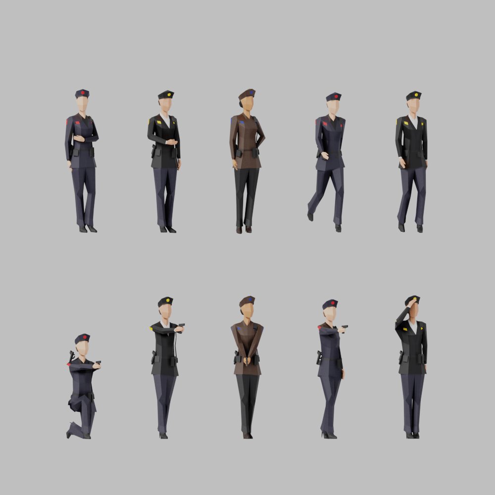 A set of 10 different police women on a gray background.