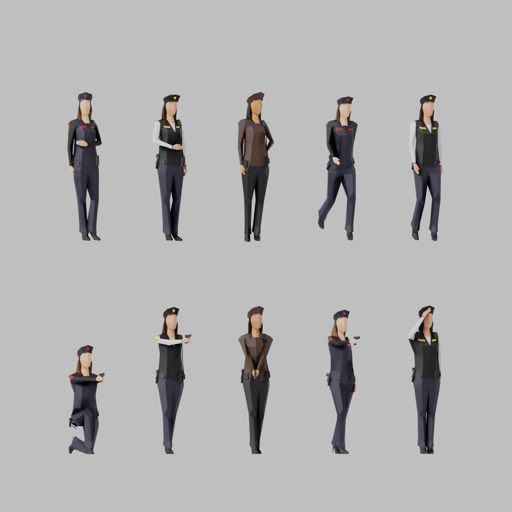 10 different studioochi police women on a gray background.