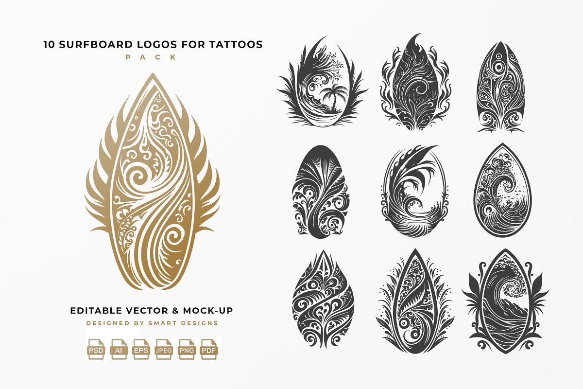 Cover image of Surfboard Logos for Tattoos Pack x10.