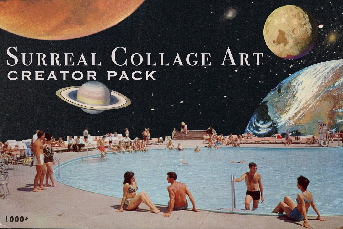 Lettering "Surreal Collage Art Creator Pack" on the vintage collage picture.