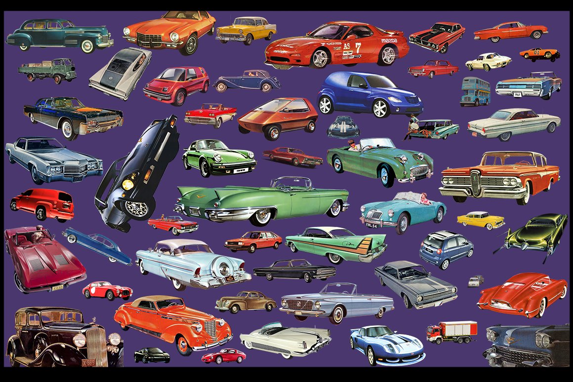 Vintage pack of different cars on a purple background.
