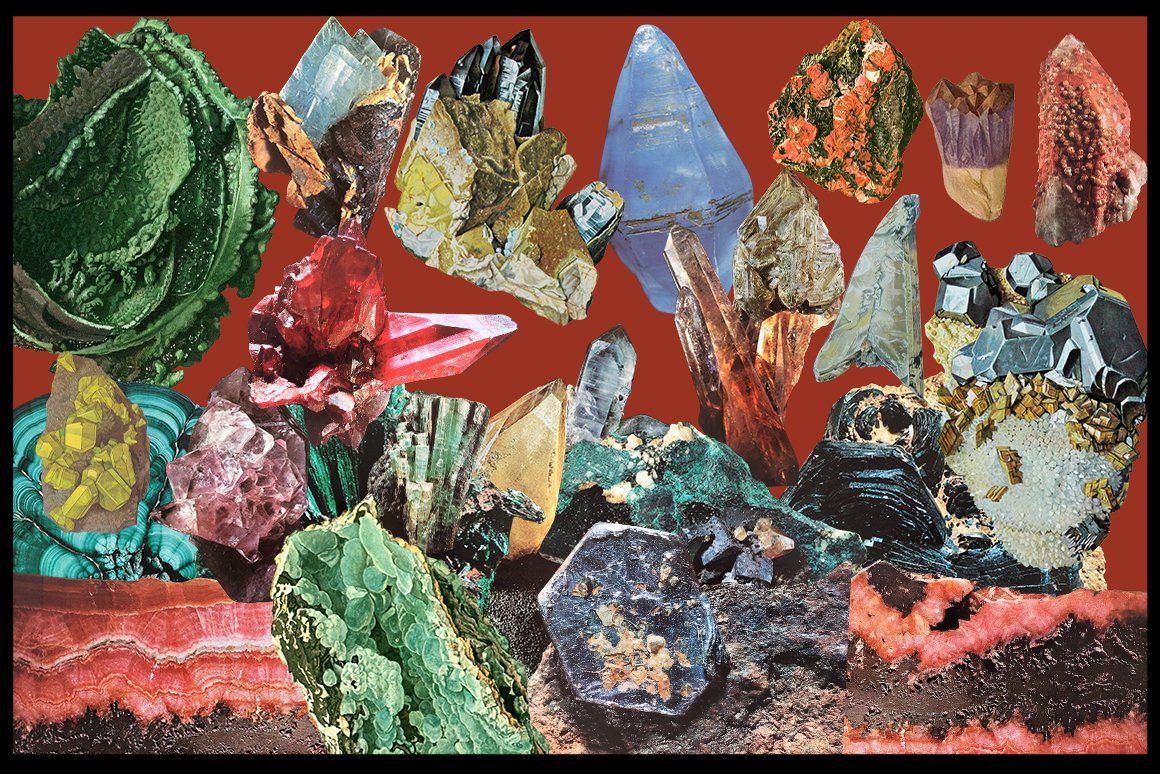 Surreal collage of different crystals illustrations on a dirty red background.