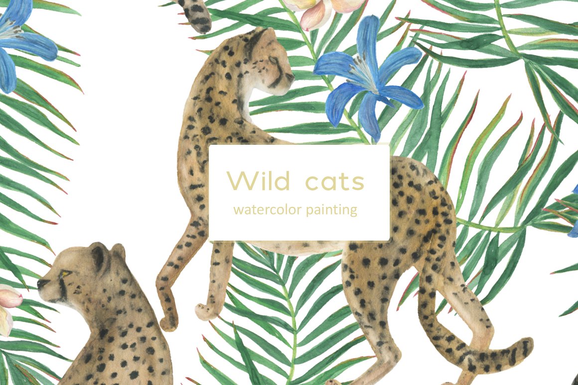 Beige lettering "Wild Cats" and different illustrations of leopard and tropical leaves on a white background.