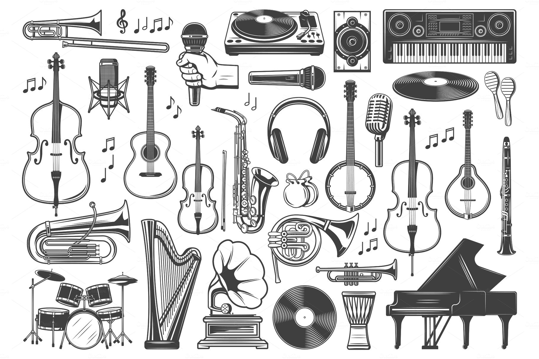 Hand drawn musical instruments collection in a BW style.