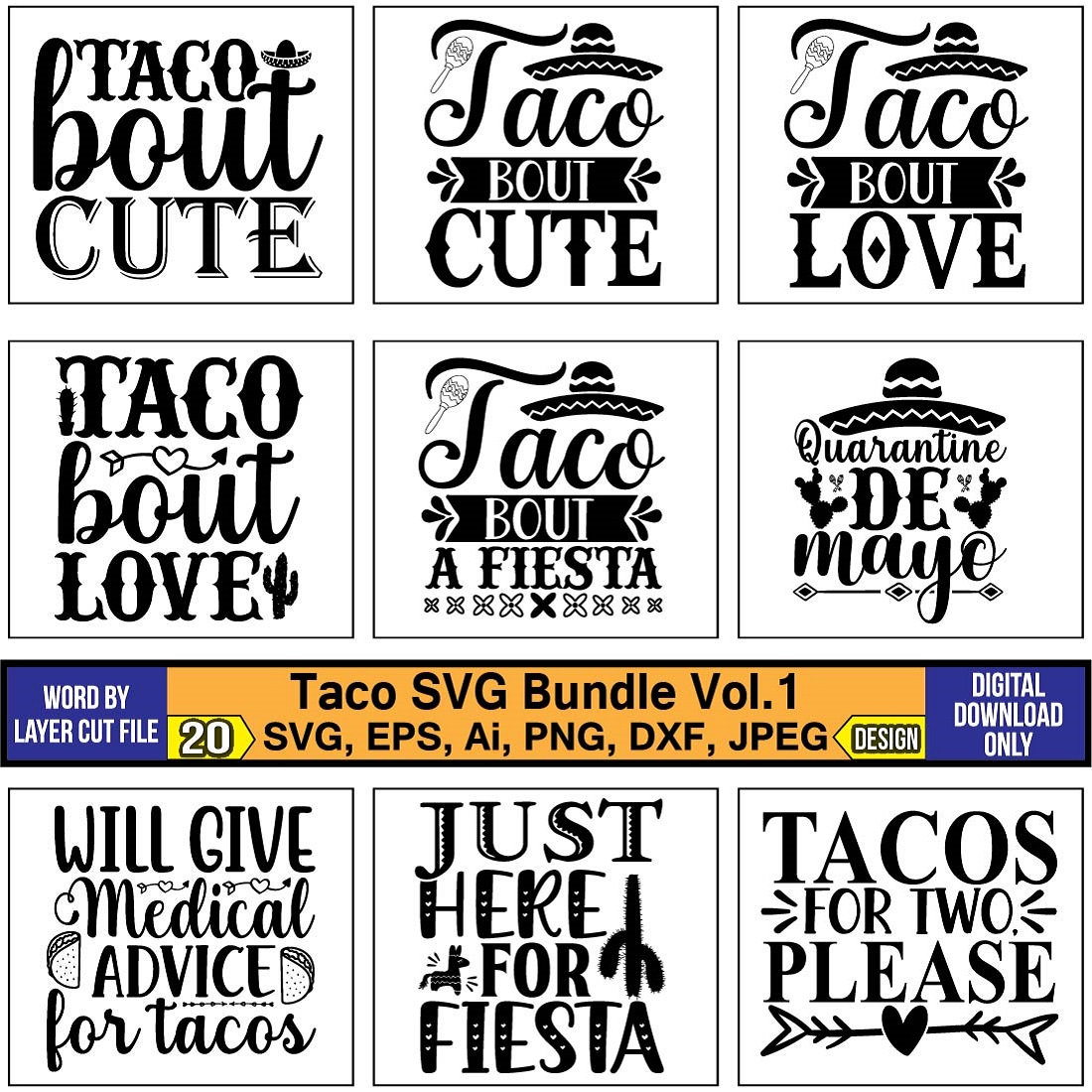 A selection of beautiful images for prints on the theme of tacos.