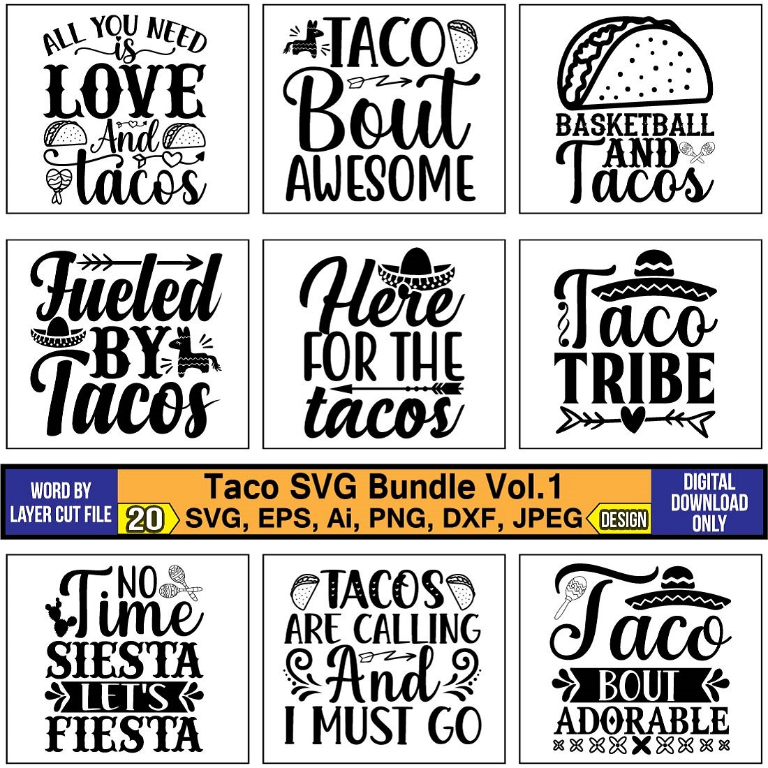A pack of wonderful images for prints on the theme of tacos.