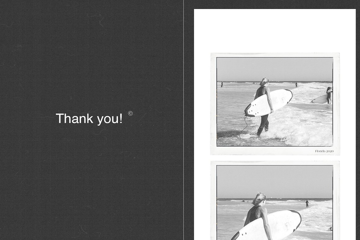 White lettering "Thank you!" and film aesthetic photo on a dark gray background.