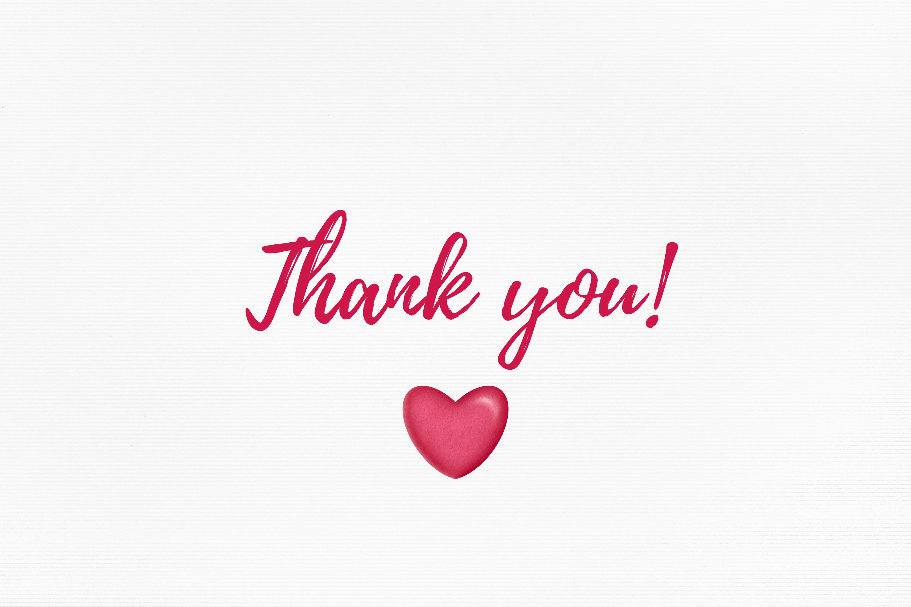 Pink lettering "Thank you!" and illustrations of heart on a gray background.