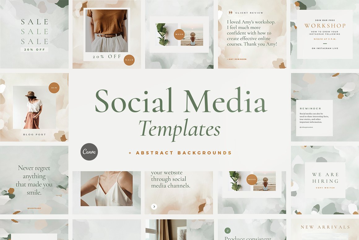 Dirty green lettering "Social Media Templates" on the background of different templates.