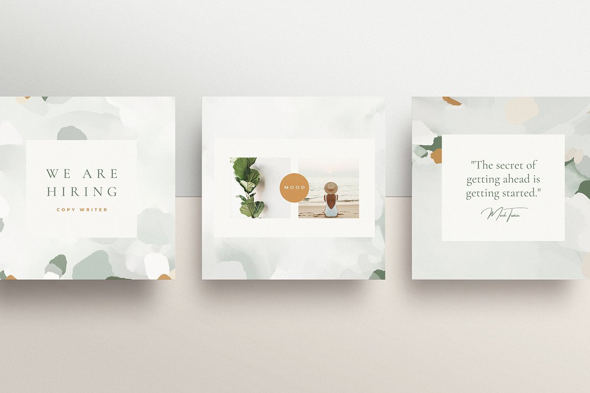 3 watercolor social media templates on a gray background.