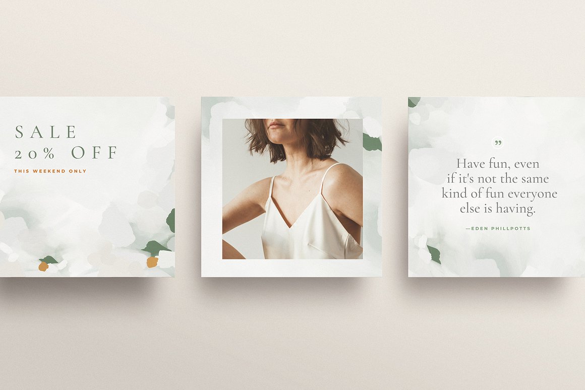 3 different pastel Instagram post templates on a gray background.