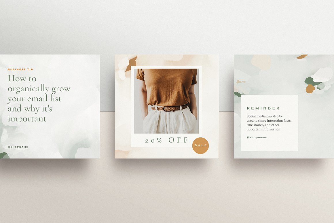 3 beautiful templates in neutral tones on a gray background.