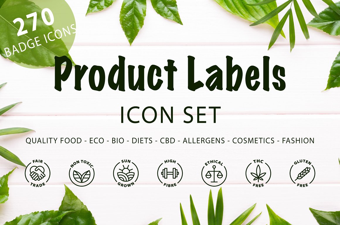 Black lettering "Product Labels Icon Set" on a gray background with leaves.