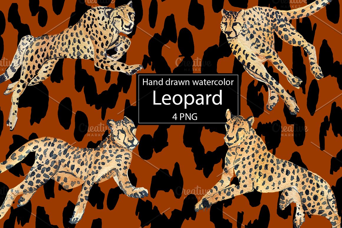 White lettering "Hand Drawn Watercolor Leopard 4 PNG" and 4 illustrations of a leopard.