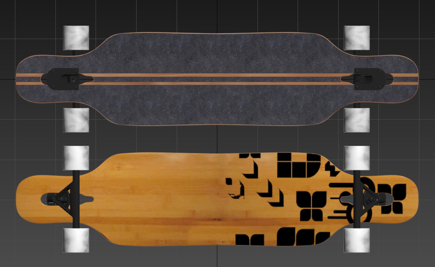 Rendering of an enchanting 3d model of a longboard top view