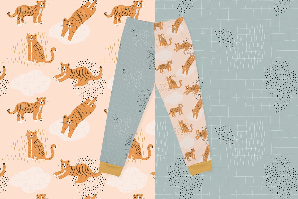 Mockup of trousers with patterns of wild animals on a pink and blue background.