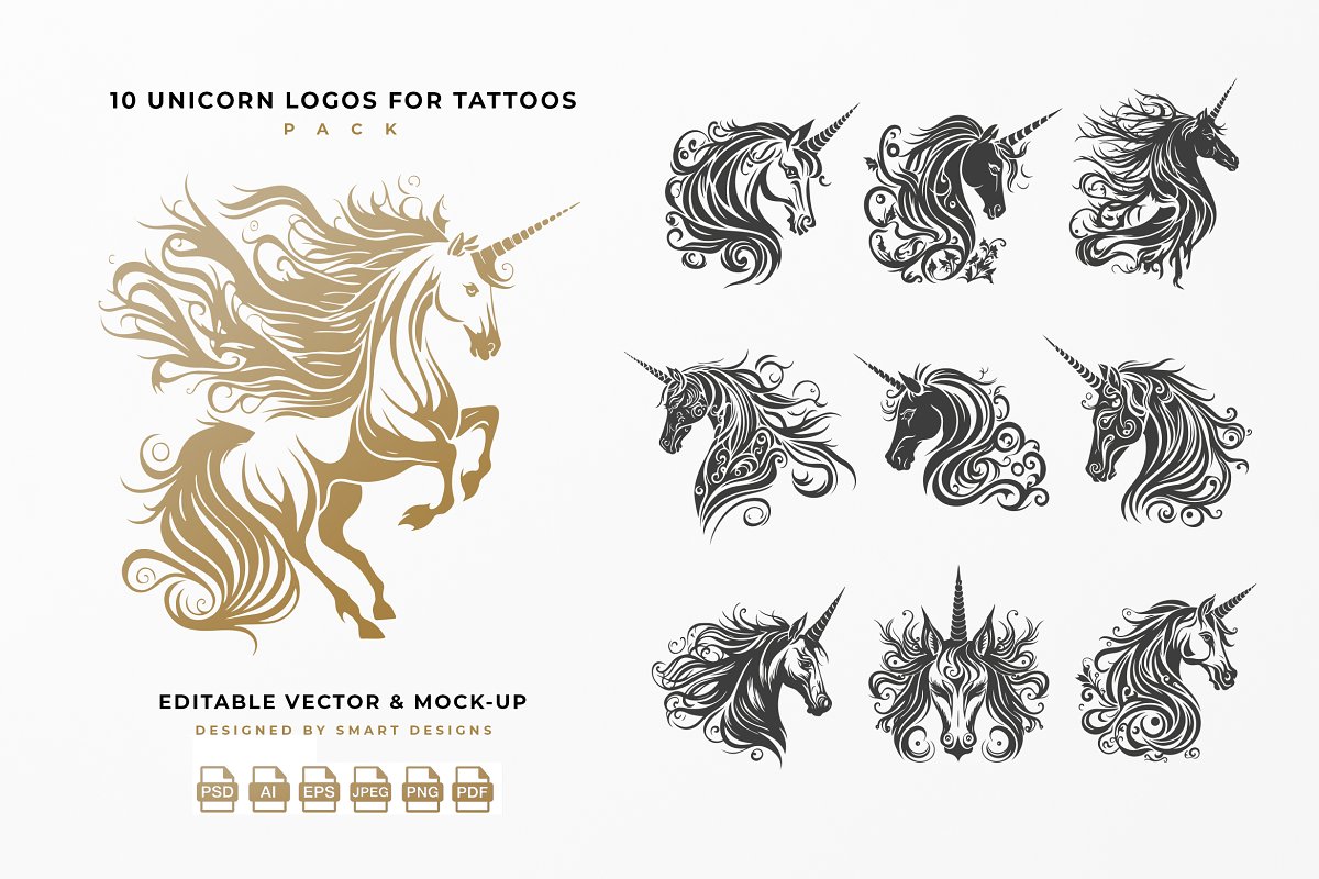 Cover image of Unicorn Logos for Tattoos Pack x10.