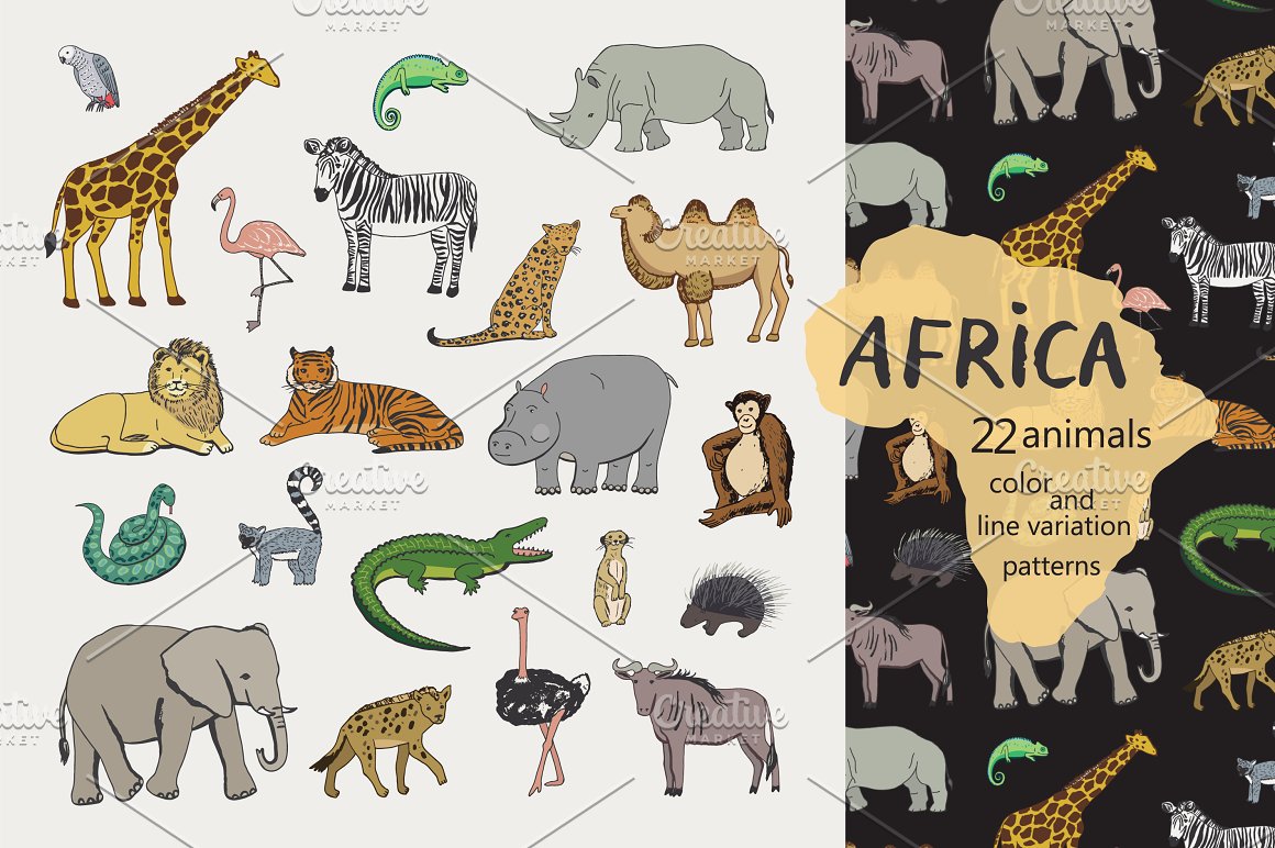 Cover with different african animals on a gray and black background.