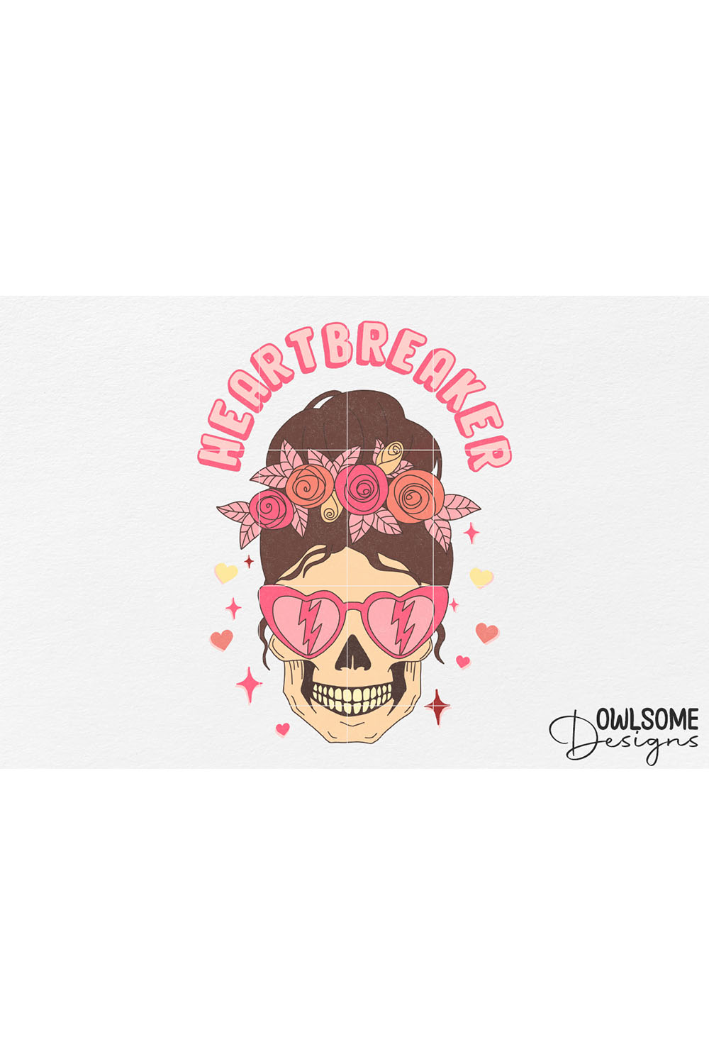 Colorful image with female skull in pink glasses.