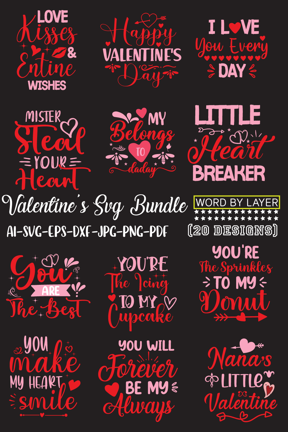 Valentine's Typography SVG Design Bundle pinterest image.