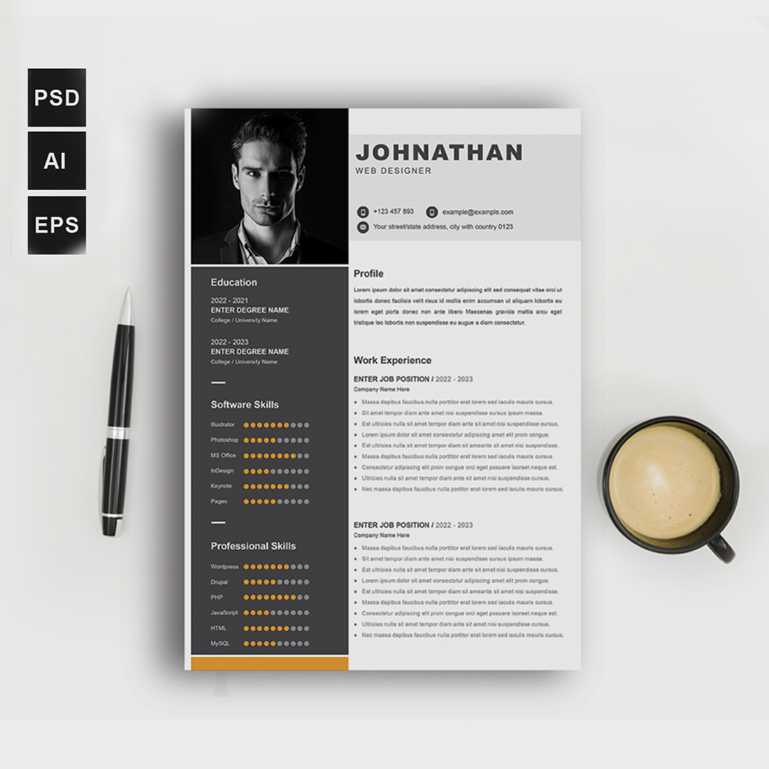 Professional resume template with a cup of coffee.