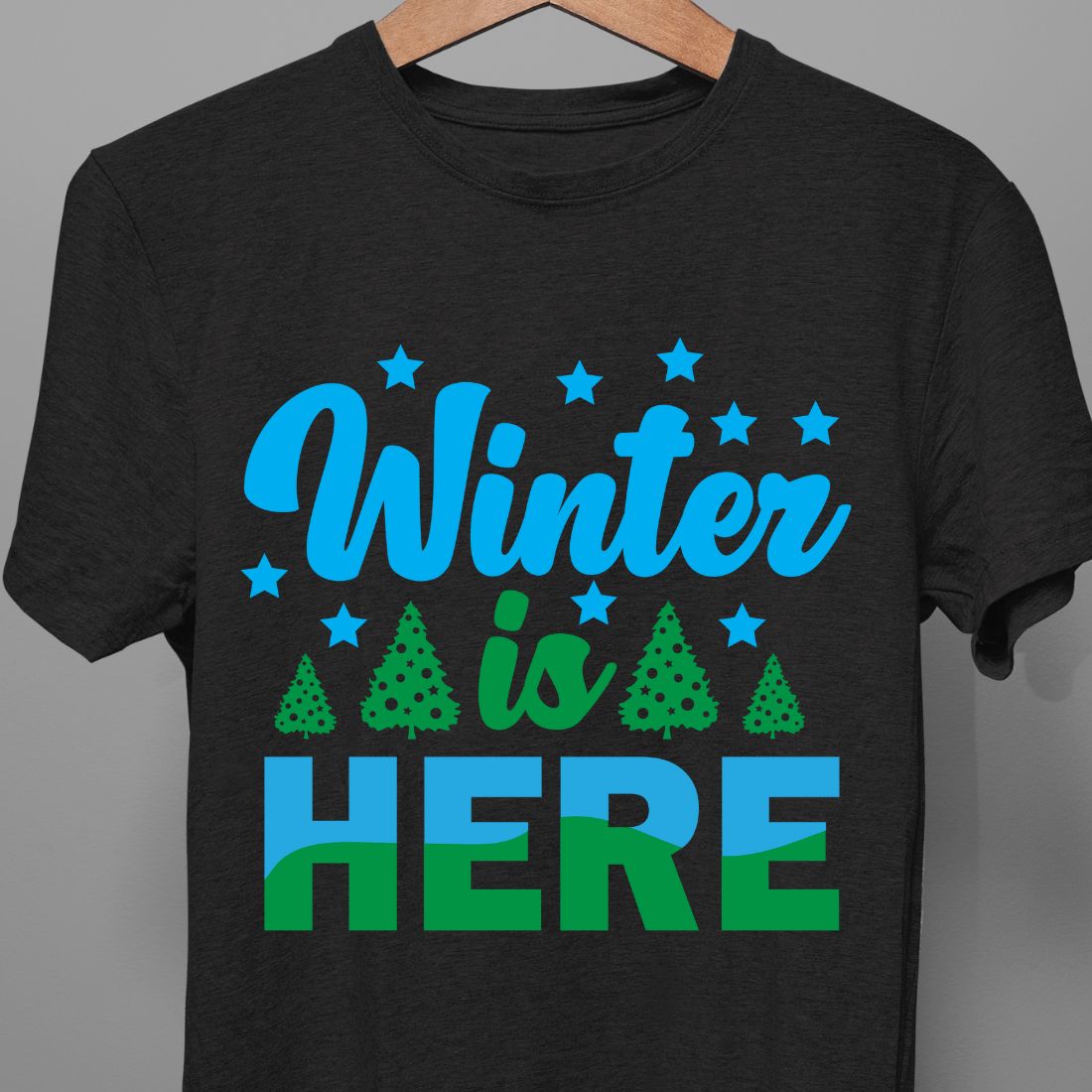 Black t-shirt with colorful winter lettering.