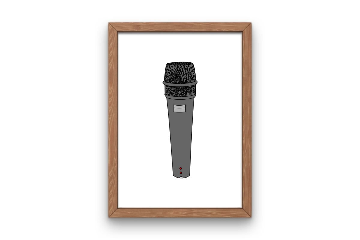 Simple poster in a wooden frame with a microphone graphic.