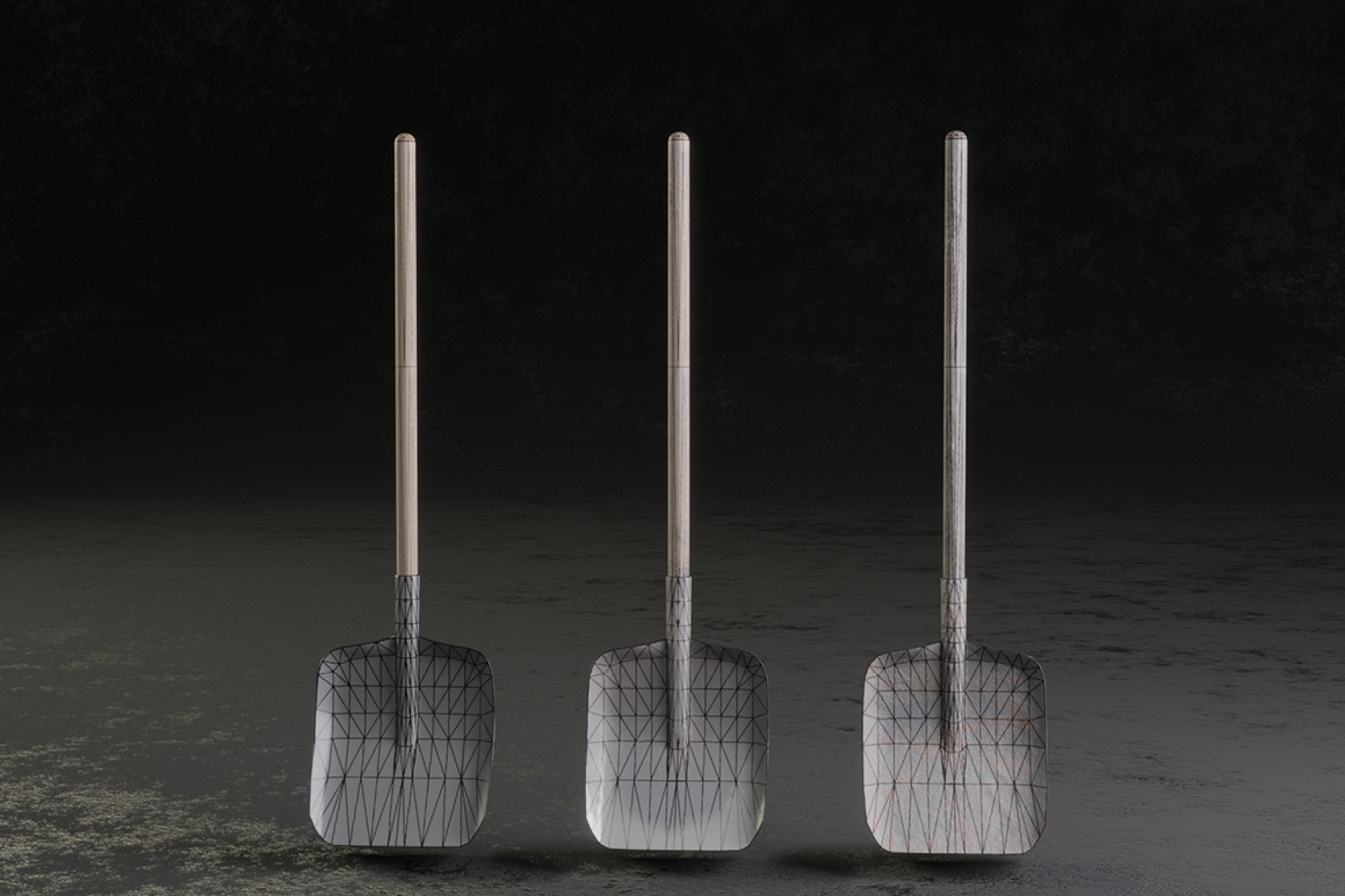 3 gray squared shovels on a dark gray background.