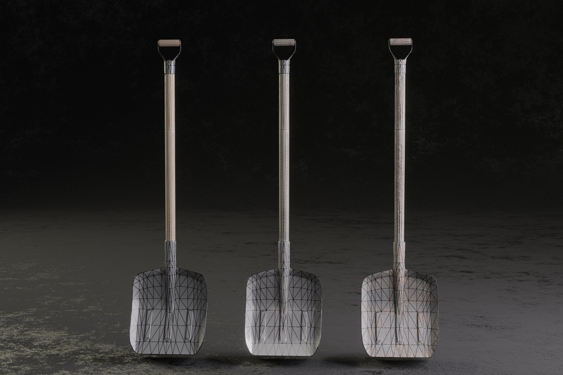 3 gray squared shovels with handles.