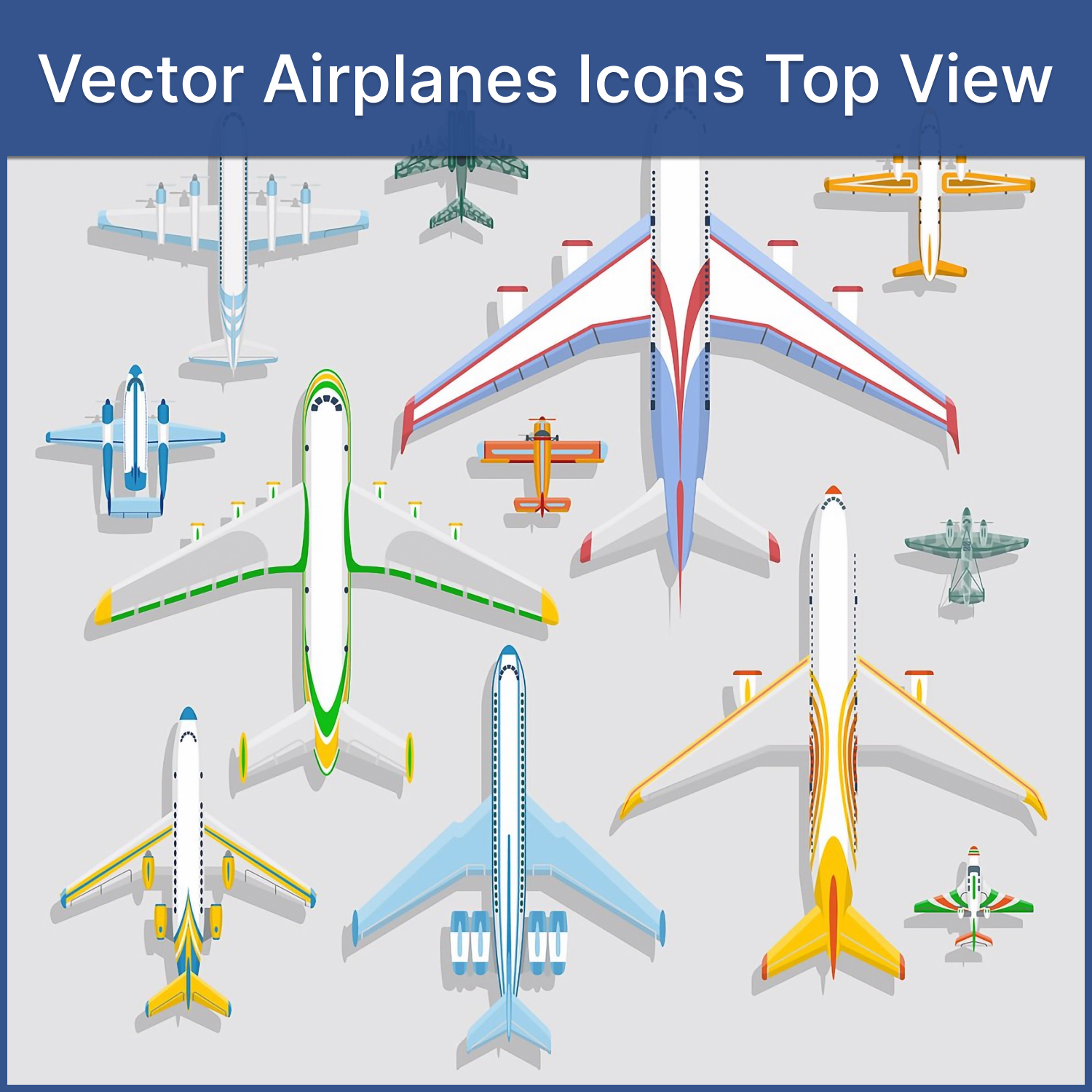 Vector airplanes icons top view.