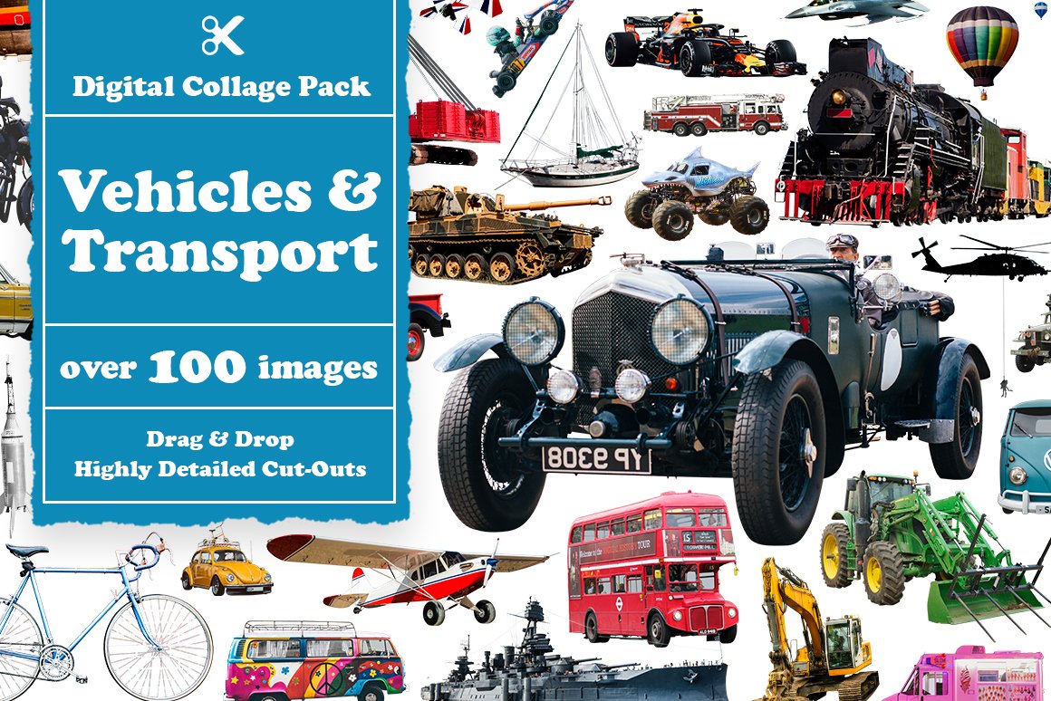 A set of various images of vehicles and transport on a white background.